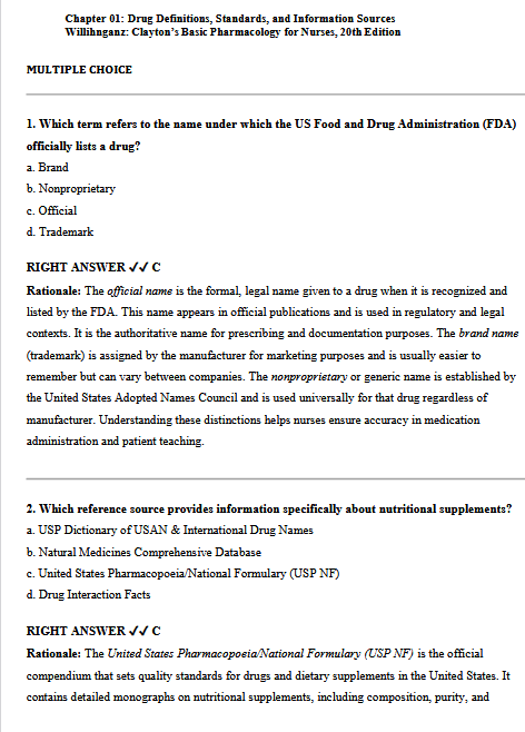 Test Bank for Clayton’s Basic Pharmacology for Nurses 20th Edition By Willihnganz and Gurevitz - Image 2